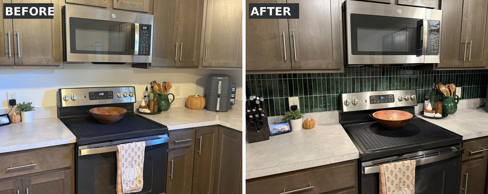 Before and after of the stove wall: bare wall on the left, stacked green tile backsplash on the right